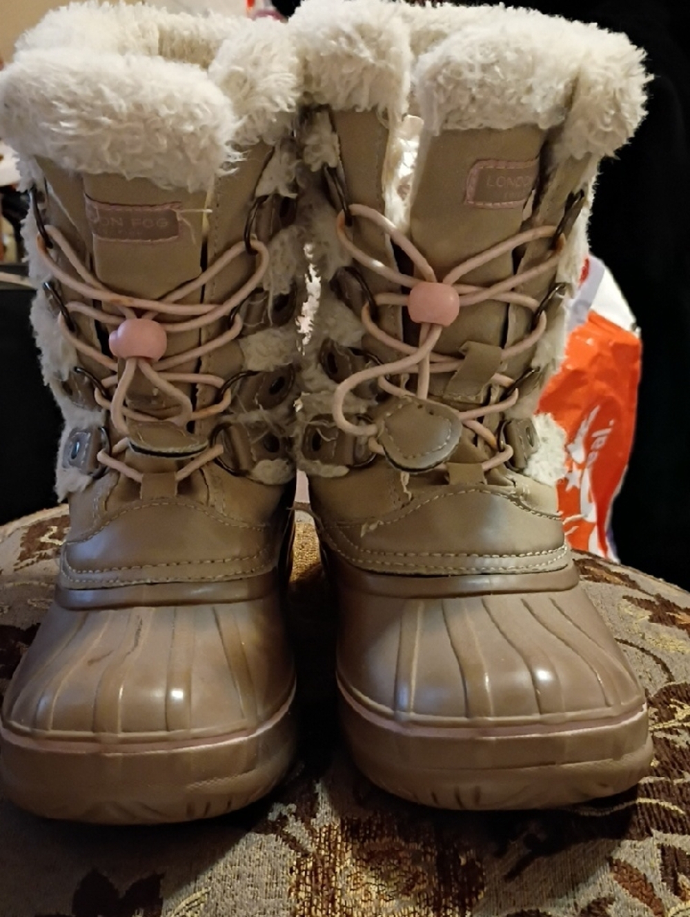 London Fog Tan Faux Suede Boots with Pink Lace Toggle